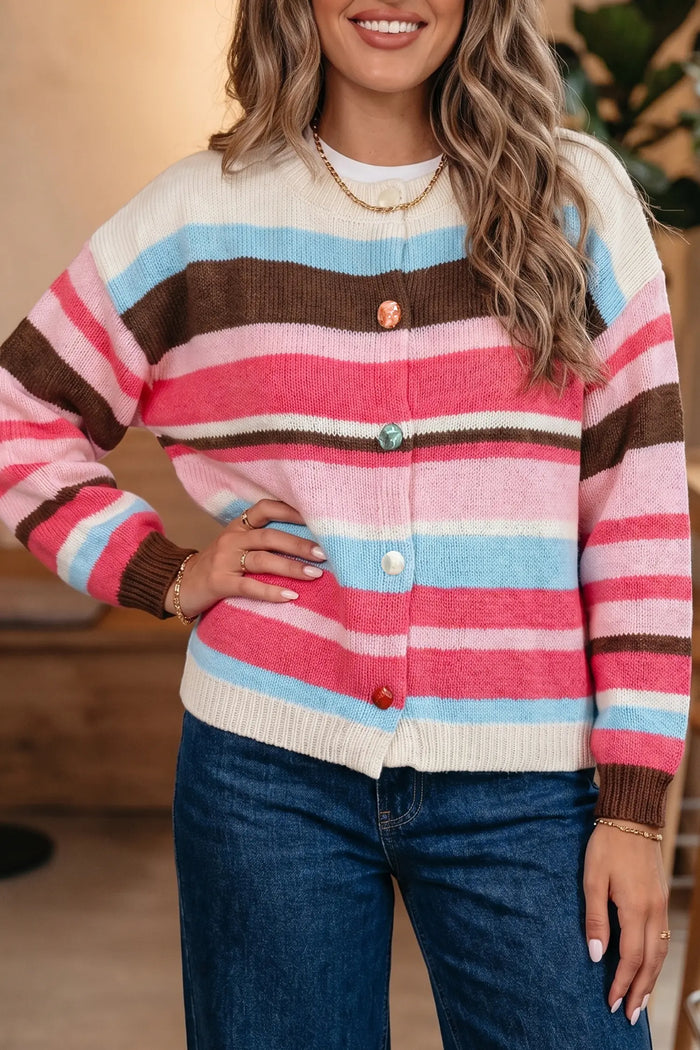 Striped Colorblock Drop Shoulder Cardigan – Pink Stripe
