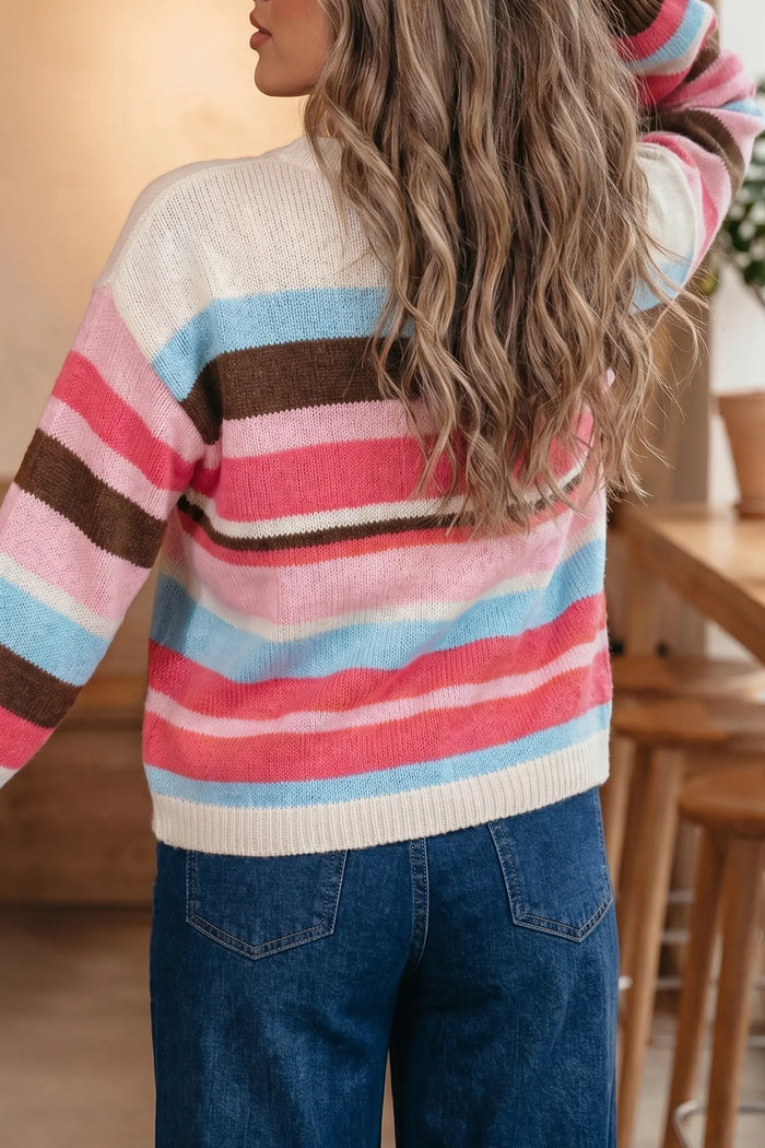 Striped Colorblock Drop Shoulder Cardigan – Pink Stripe
