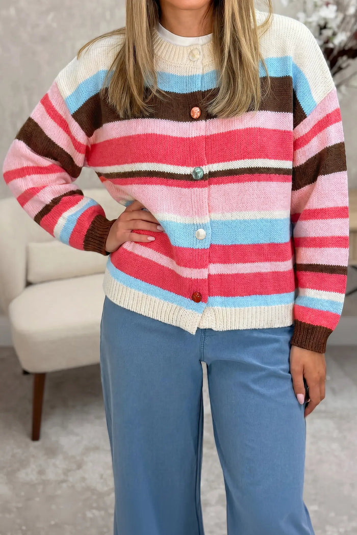 Striped Colorblock Drop Shoulder Cardigan – Pink Stripe