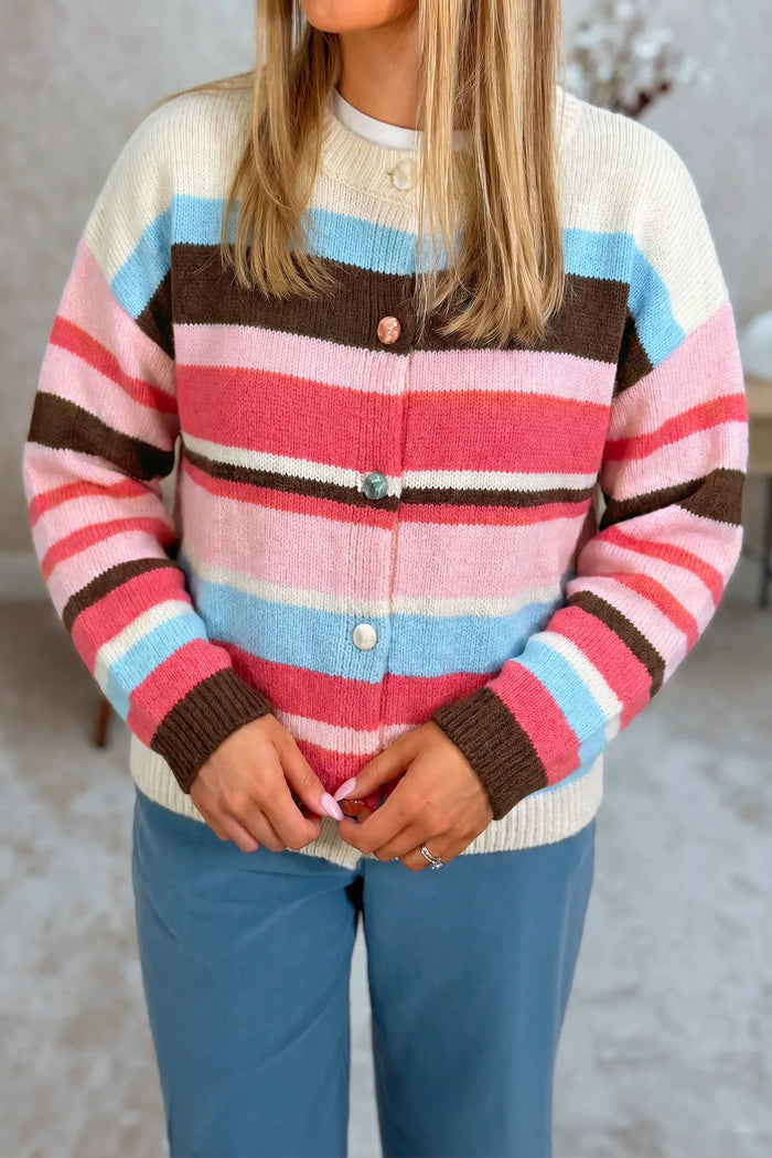 Striped Colorblock Drop Shoulder Cardigan – Pink Stripe