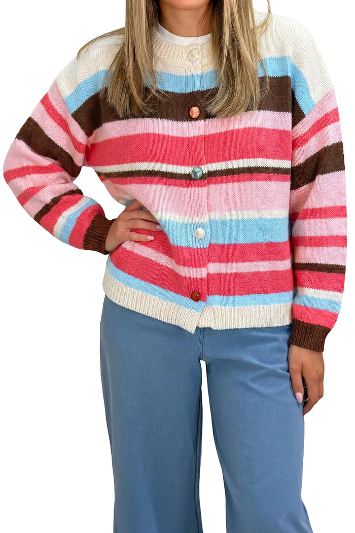 Striped Colorblock Drop Shoulder Cardigan – Pink Stripe