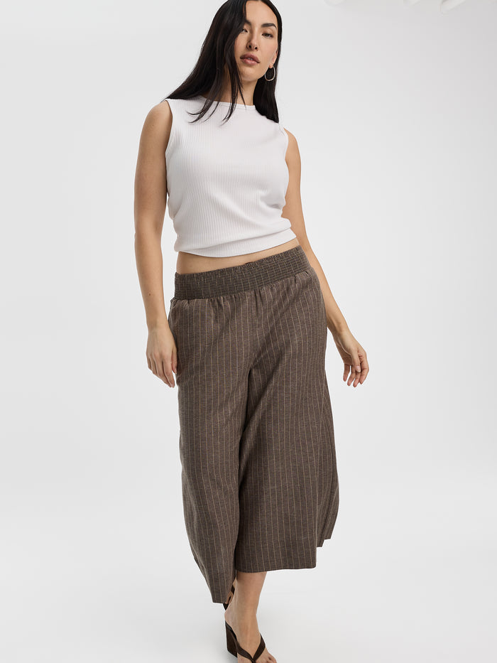 Striped Cropped Wide-Leg Linen-Blend Pant