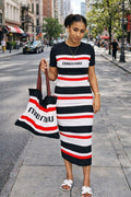 Striped Knit Midi Dress with Matching Tote