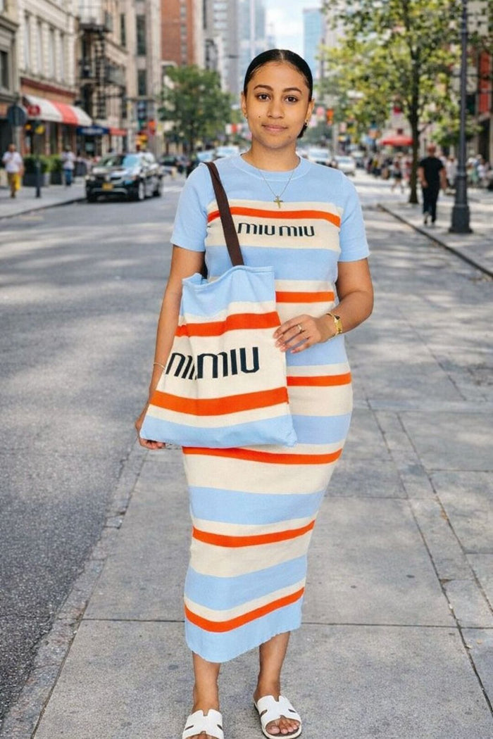 Striped Knit Midi Dress with Matching Tote