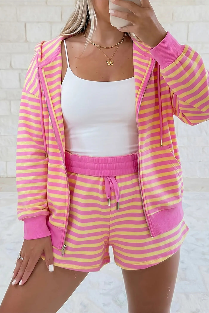 Striped Long Sleeve Zip-Up Hoodie Drawstring Elastic Waist 2pcs Short Set – Rose Red