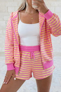 Striped Long Sleeve Zip-Up Hoodie Drawstring Elastic Waist 2pcs Short Set – Rose Red