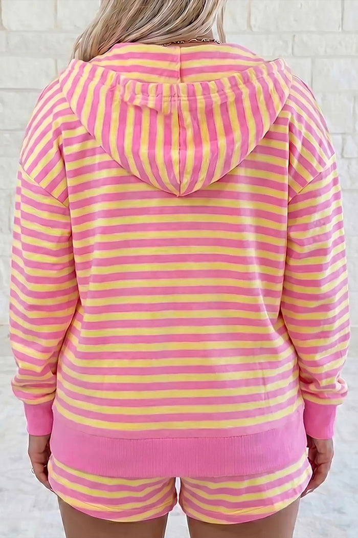 Striped Long Sleeve Zip-Up Hoodie Drawstring Elastic Waist 2pcs Short Set – Rose Red
