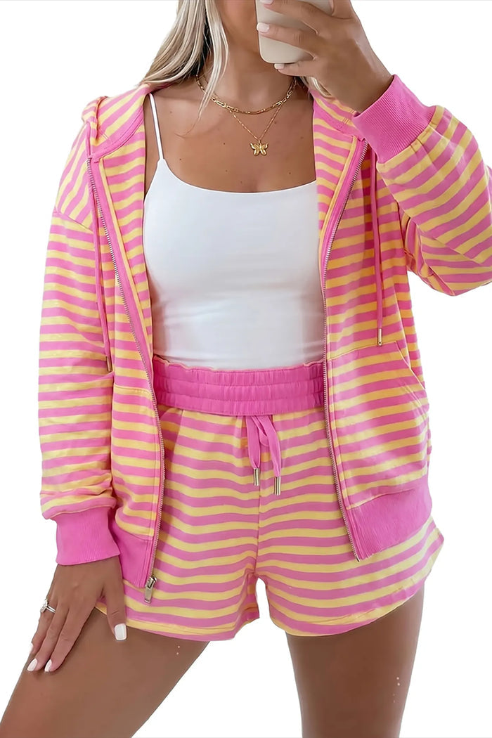 Striped Long Sleeve Zip-Up Hoodie Drawstring Elastic Waist 2pcs Short Set – Rose Red