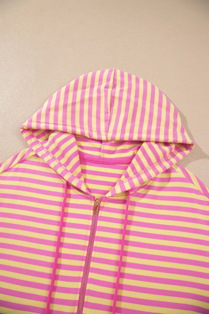 Striped Long Sleeve Zip-Up Hoodie Drawstring Elastic Waist 2pcs Short Set – Rose Red