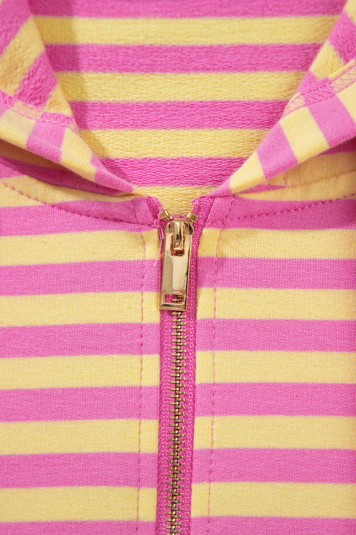 Striped Long Sleeve Zip-Up Hoodie Drawstring Elastic Waist 2pcs Short Set – Rose Red