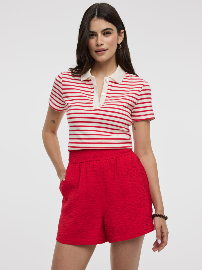 Striped Short-Sleeve Polo Sweater