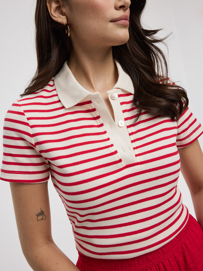 Striped Short-Sleeve Polo Sweater