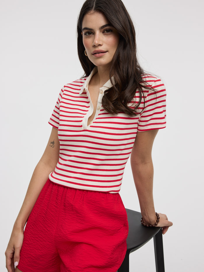 Striped Short-Sleeve Polo Sweater
