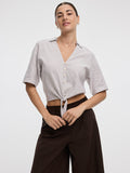 Striped Short-Sleeve V-Neck Blouse with Self-Tie Closure