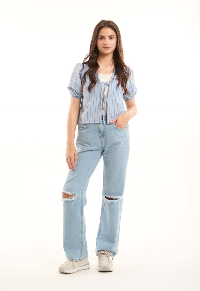 Striped Tie-Front Puff-Sleeve Blouse