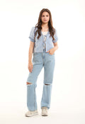 Striped Tie-Front Puff-Sleeve Blouse