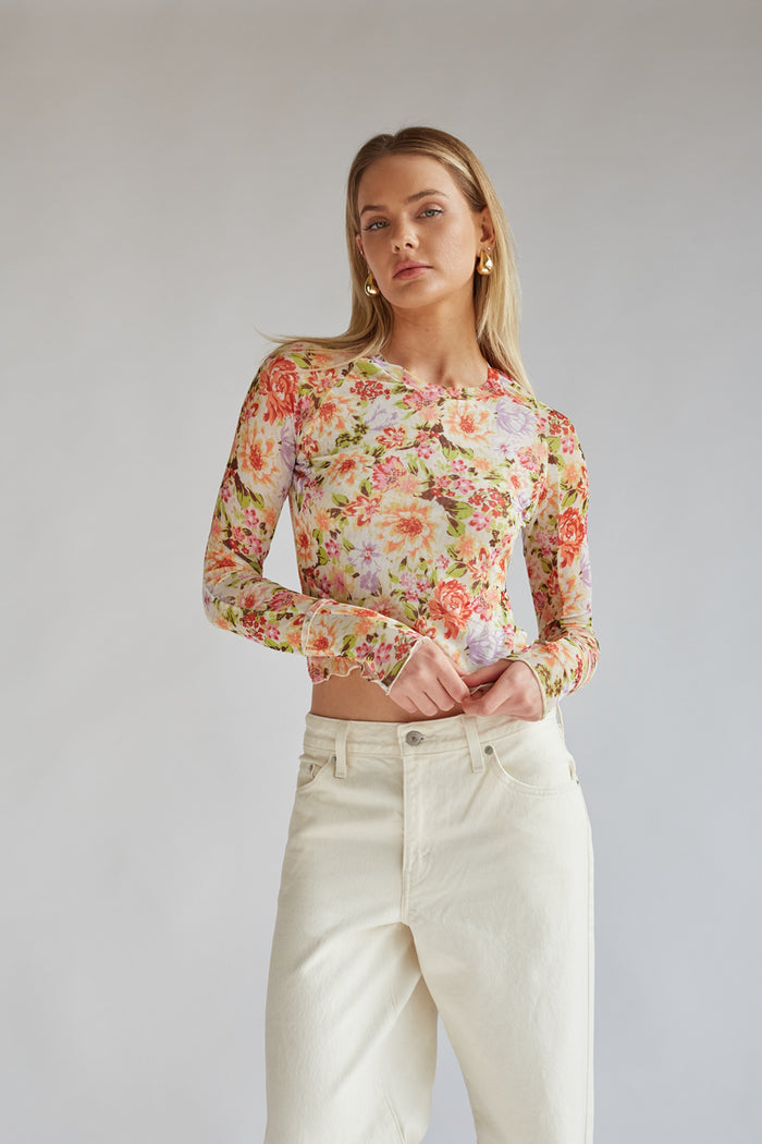orange and green floral mesh long sleeve | unique layering basics for spring 2024