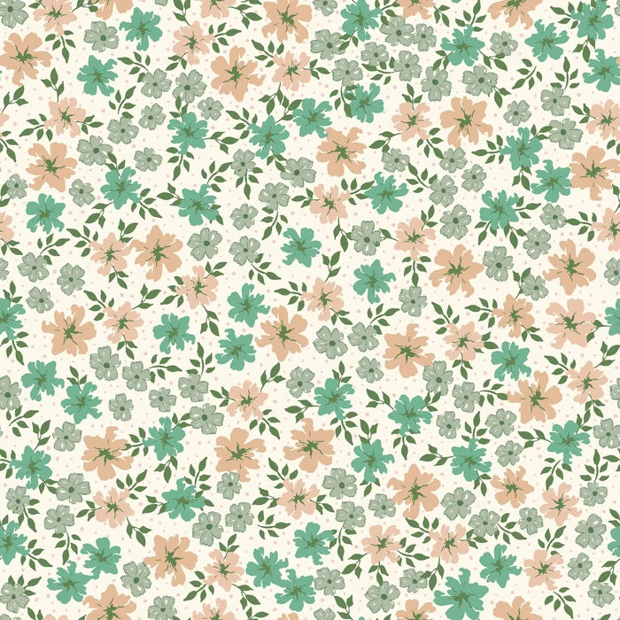 Suzanne Flowers Green & Salmon - Family Fabrics B.V.