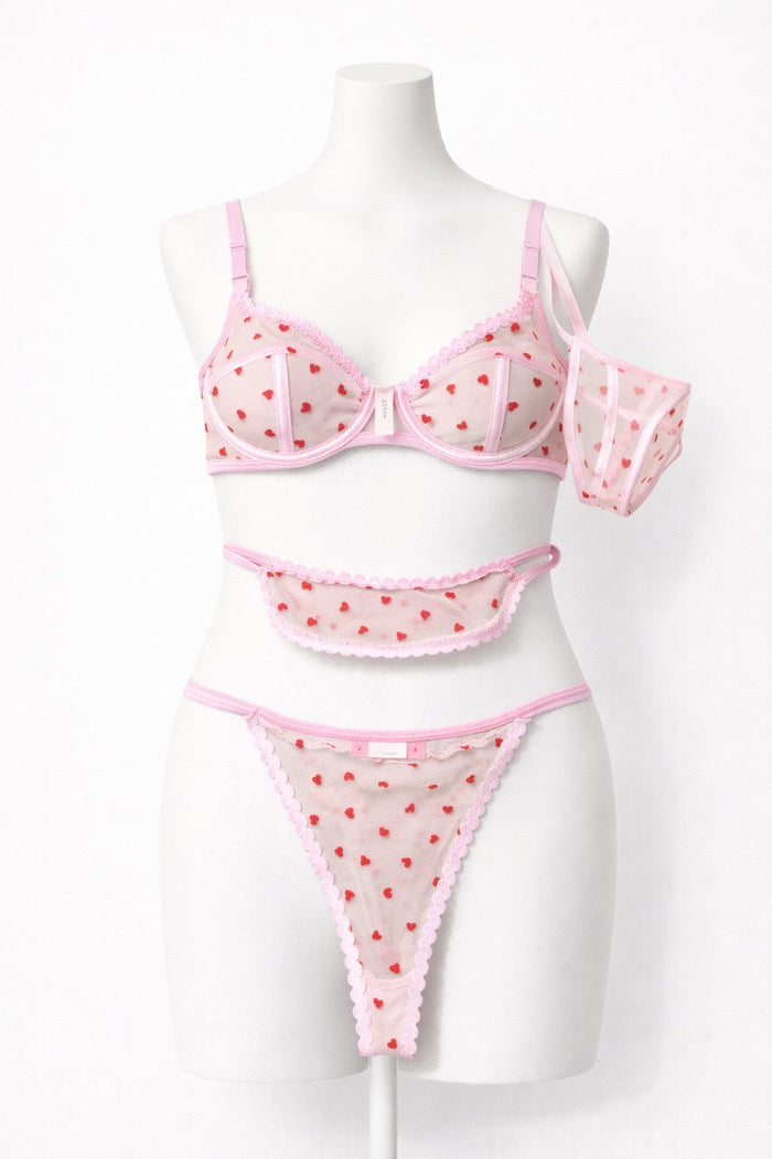 Sweetheart Mesh Lingerie Set – Pink Sheer Heart Print Bra & Thong Set for Women