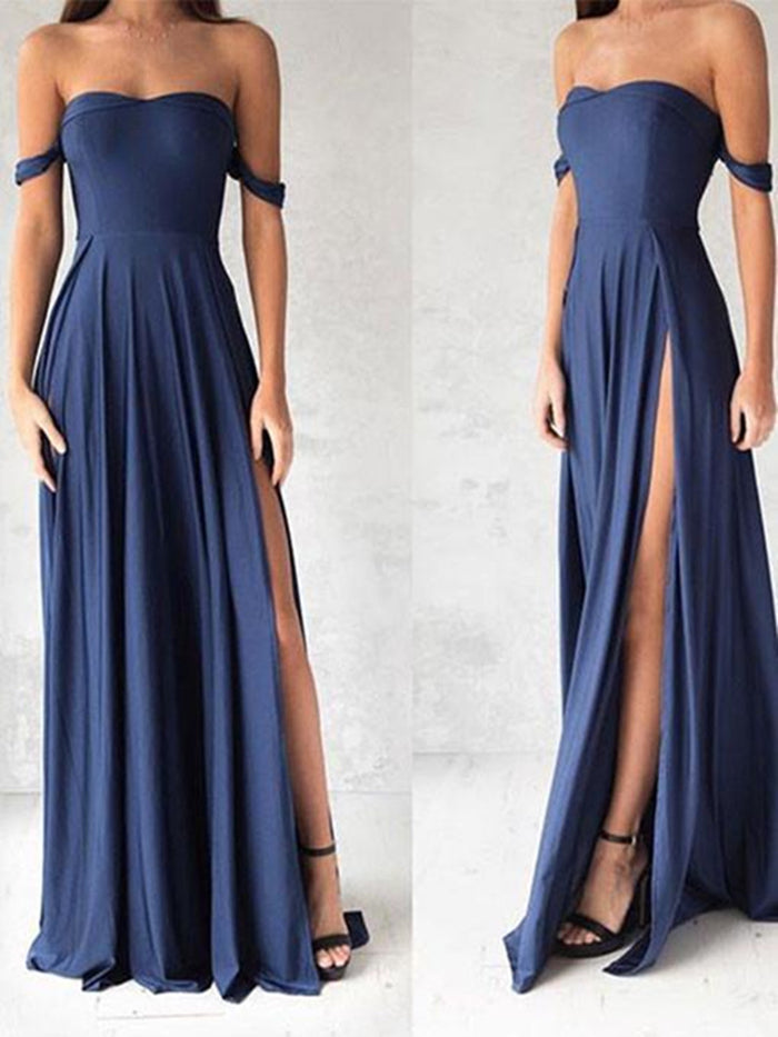 Sweetheart Neck Off Shoulder Blue Chiffon Prom Dress, Blue Bridesmaid Dress