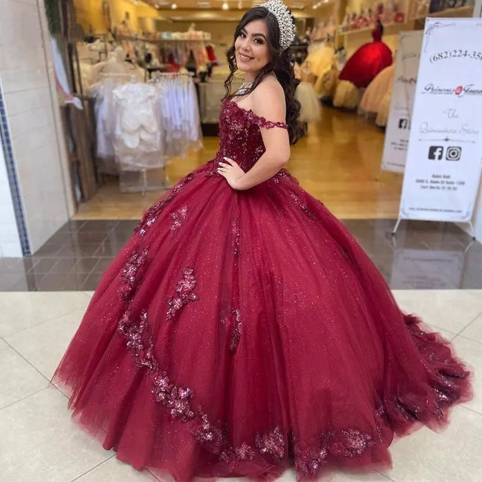 Sweetheart Off The Shoulder Burgundy Quinceanera Dress - Envious Designs