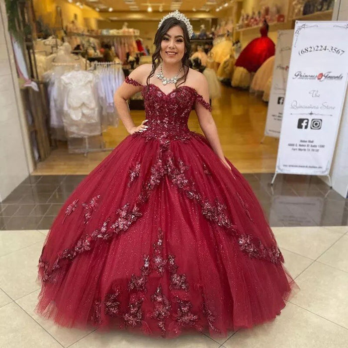 Sweetheart Off The Shoulder Burgundy Quinceanera Dress - Envious Designs
