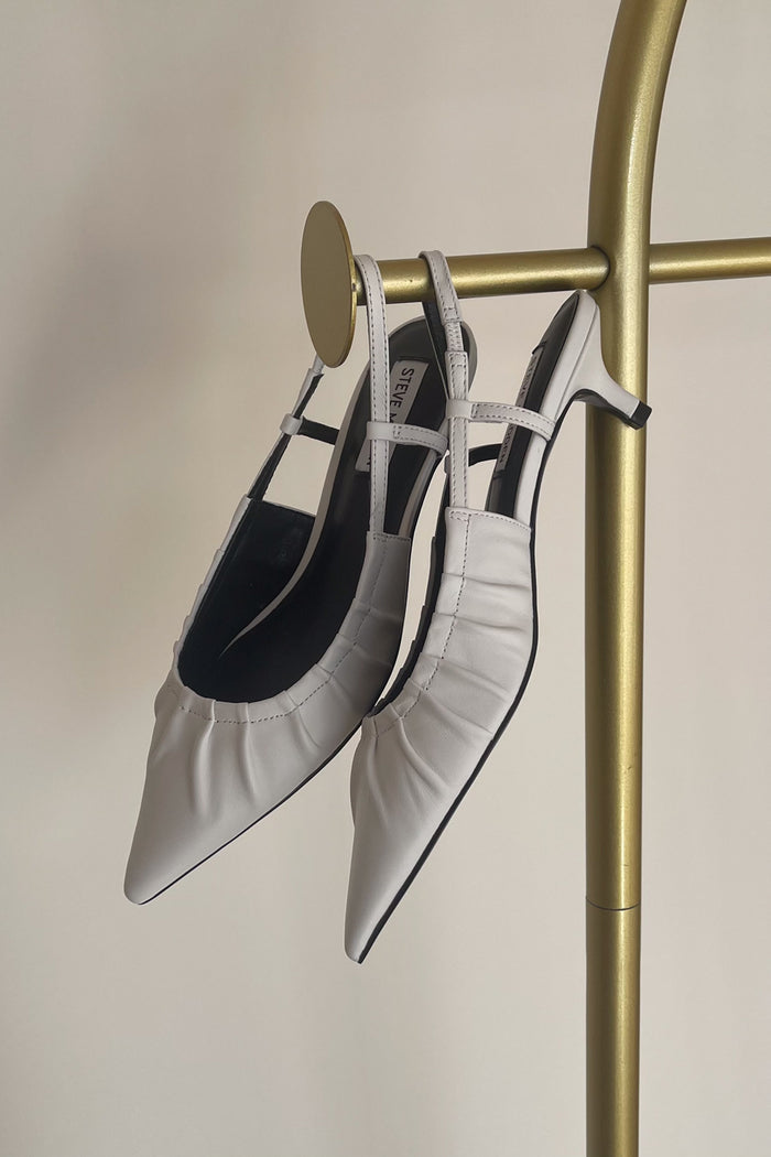 white faux leather pleated pointed toe sling back kitten heels  | steve madden must have shoes