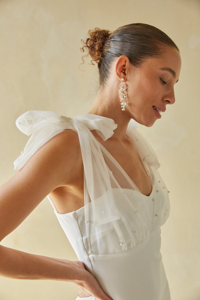 bow strap tulle and pearl white bodycon mini dress | bridal boutique