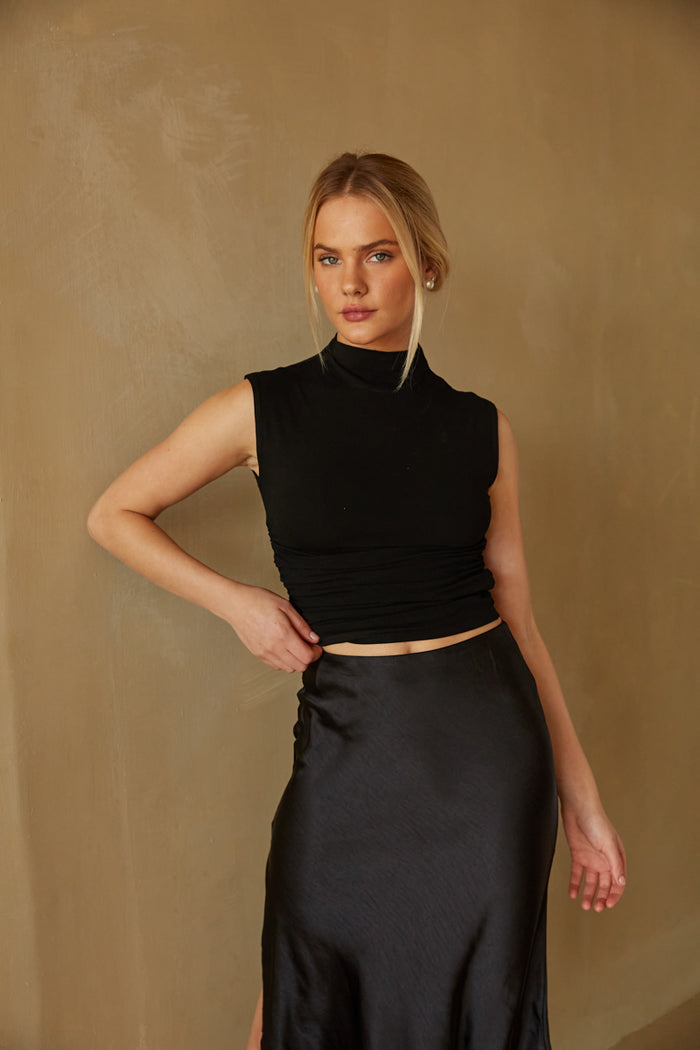midnight black sleeveless crop top - black high neck tank top - cute fall street wear outfit