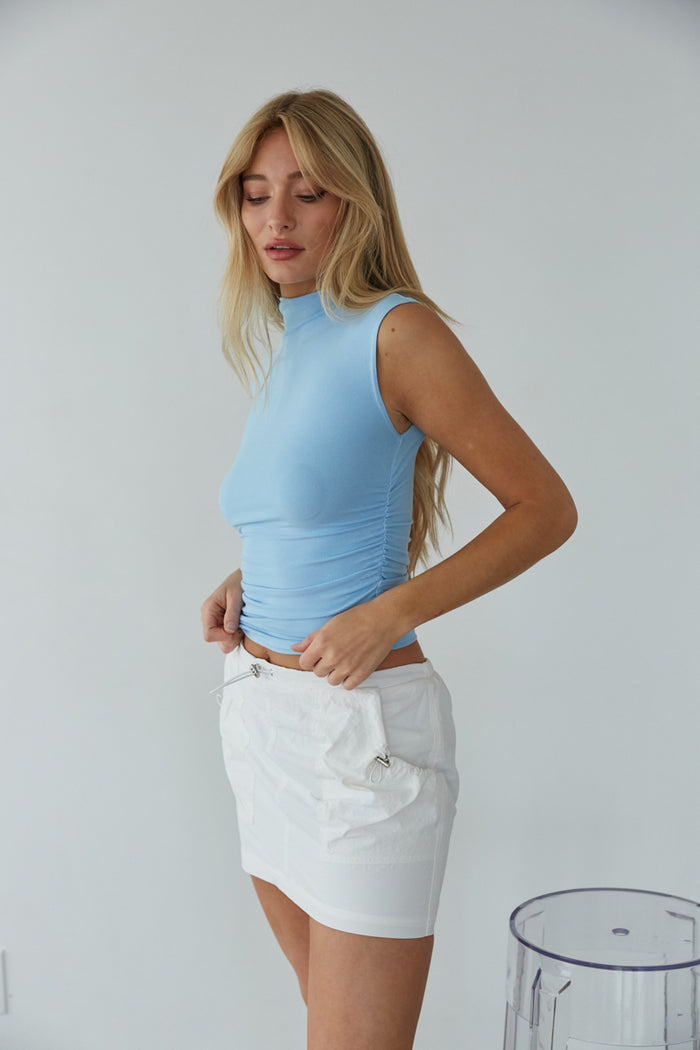 blue mock neck tank top - sleeveless high neck top - trendy blue top