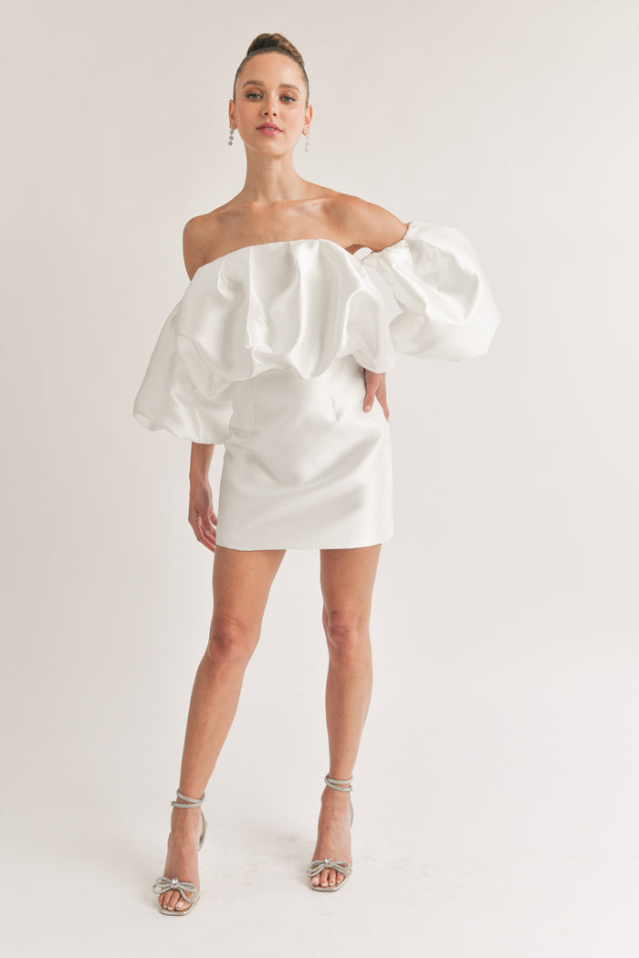 poof top satin white bodycon mini dress | unique rush dress boutique