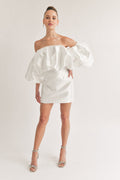 poof top satin white bodycon mini dress | unique rush dress boutique