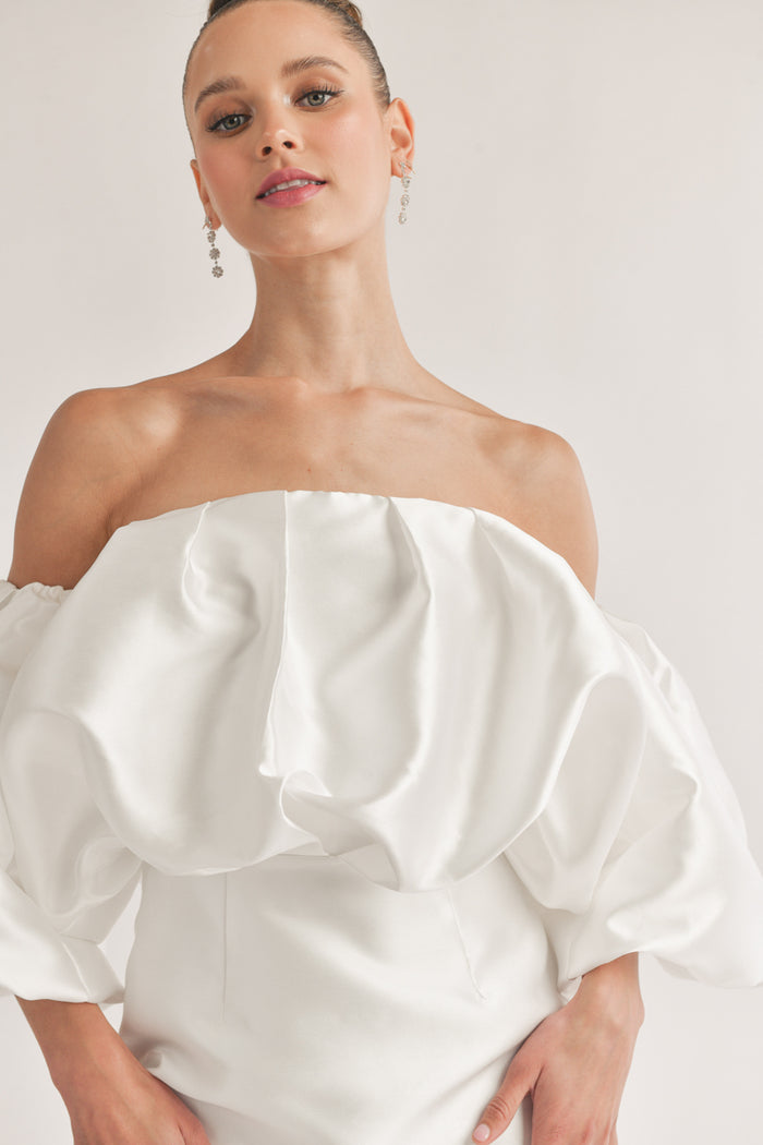 white satin off the shoulder puff bodycon mini dress | unique white mini dress boutique
