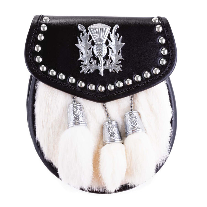 H/D Thistle Embossed Studs Sporran Rabbit Fur - Heritage Of Scotland - RABBIT FUR (WHITE)