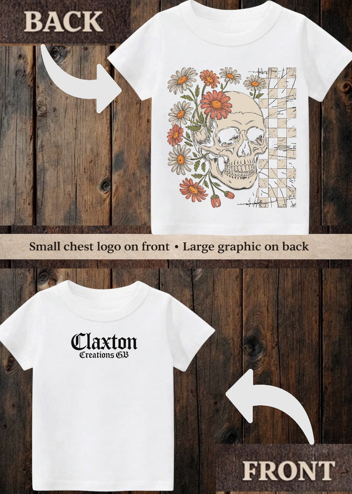Tiny terror Tee- beige checkered & floral 🌸 skull Claxton Creations GB