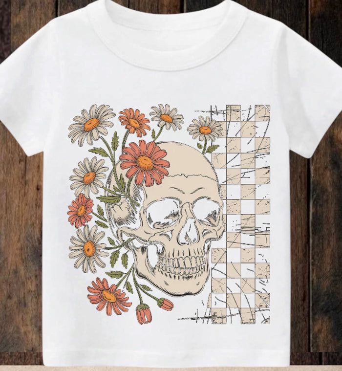 Tiny terror Tee- beige checkered & floral 🌸 skull Claxton Creations GB