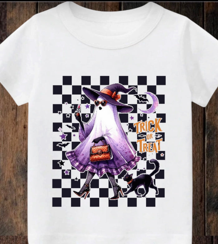 Tiny terror Tee- checkered cat 🐈‍⬛ & Lady ghost👠 Claxton Creations GB
