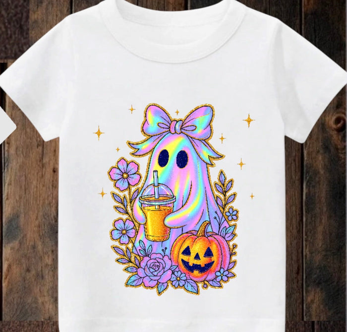 Tiny terror Tee- cute girl 🎀 ghost 👻 iced drink 🥤 Halloween 🎃 Claxton Creations GB