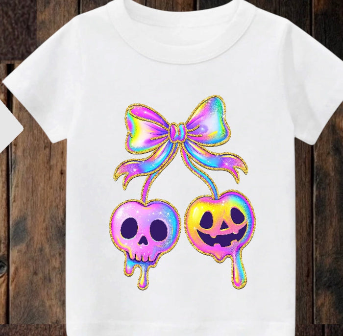 Tiny terror Tee- Halloween 💀 🎃 cherry 🍒 oil-spill Claxton Creations GB