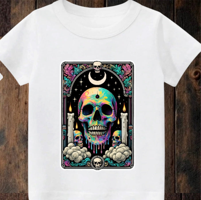Tiny terror Tee- skull 💀 oil-spill tarot card Claxton Creations GB