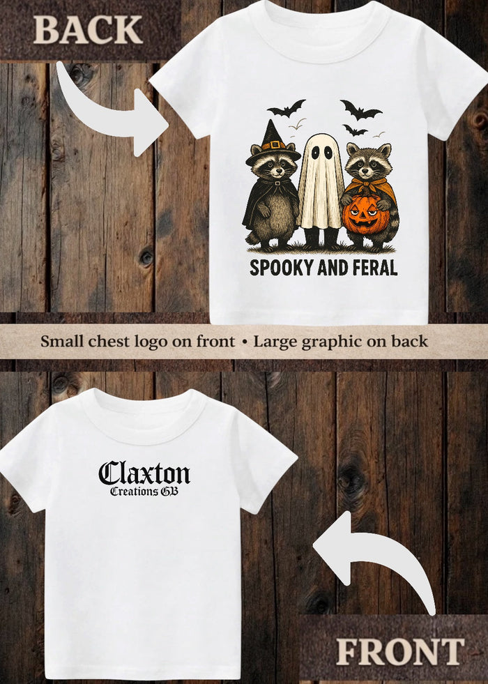 Tiny terror Tee- spooky and feral halloween 🎃 raccoons Claxton Creations GB
