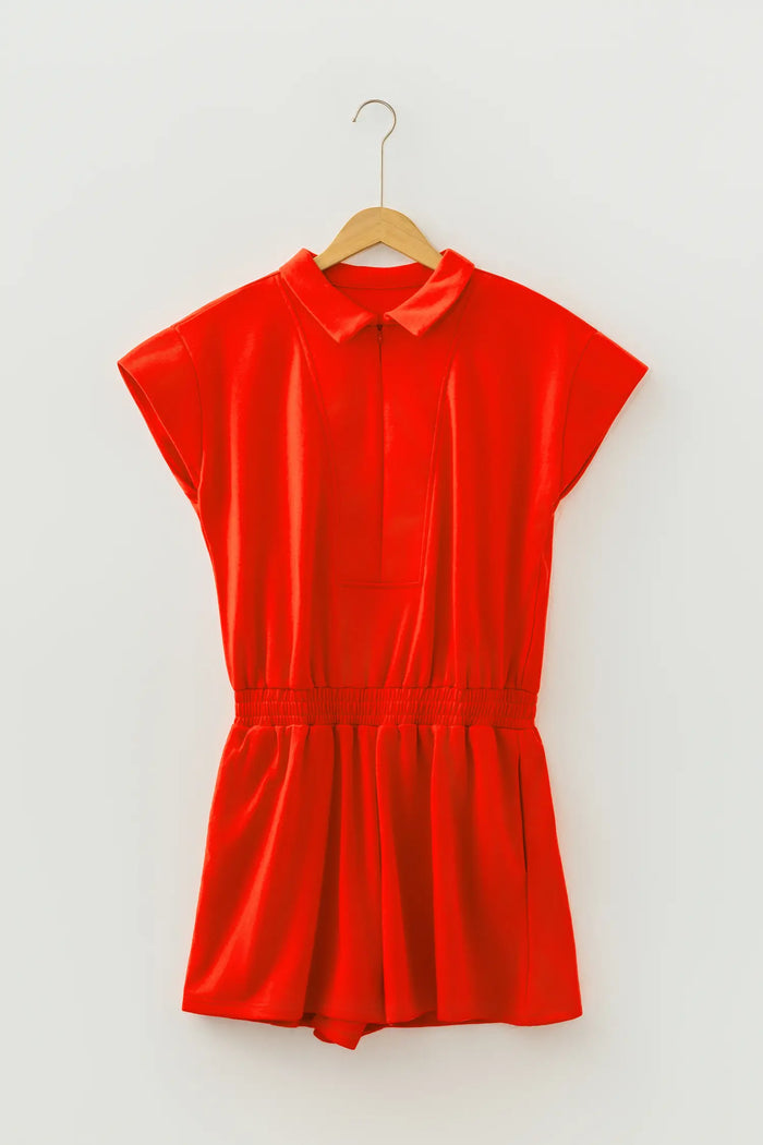 Tomato Half Zip Polo Tee Elastic Waist Romper – Red