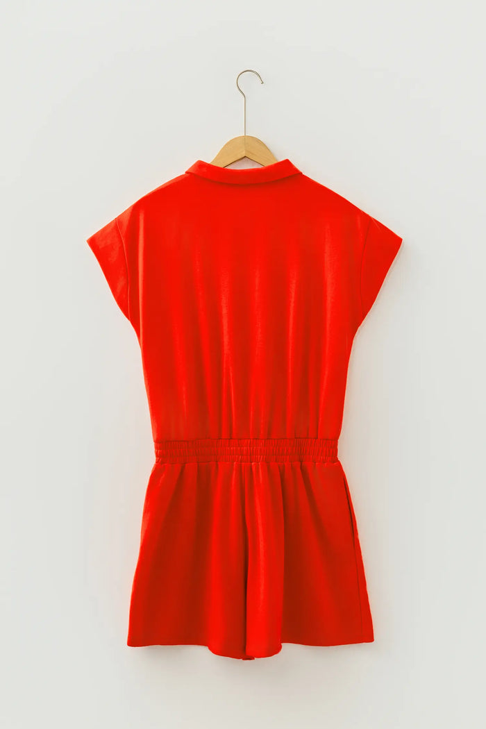 Tomato Half Zip Polo Tee Elastic Waist Romper – Red