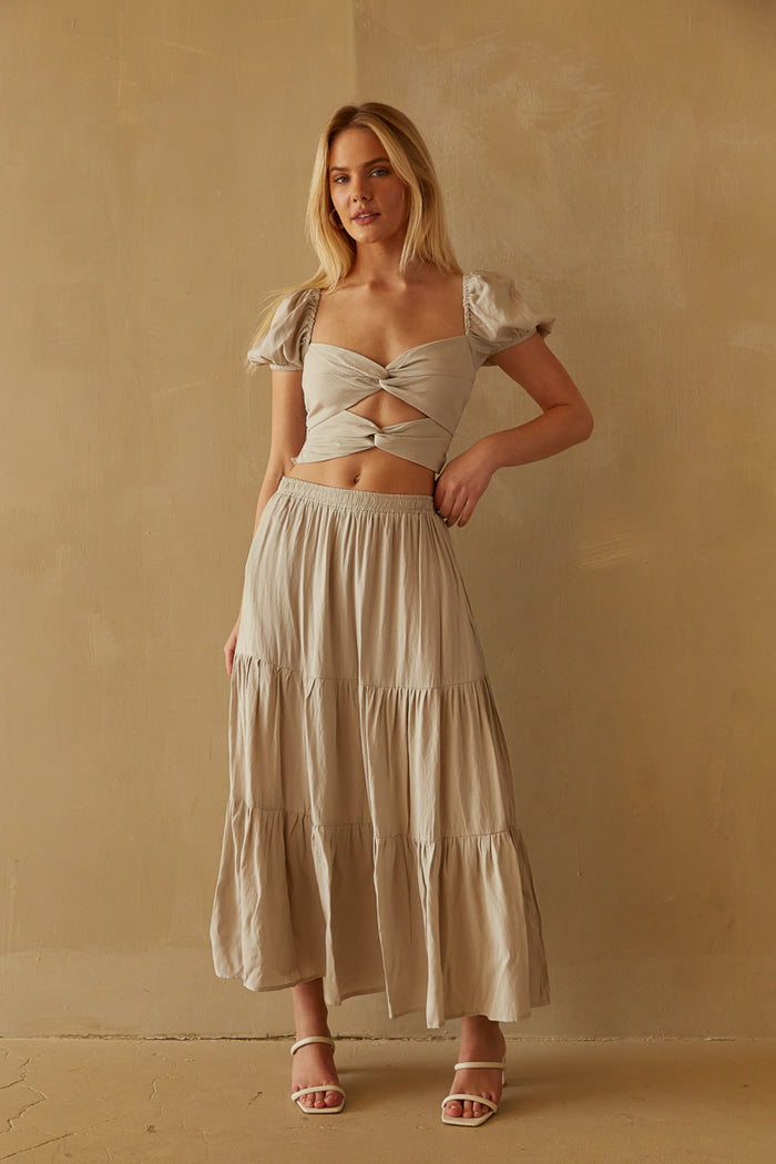 clay ivory puff sleeve keyhole front crop top and tiered maxi skirt set - top with double twist and cutout design - puff sleeve front cutout twist detailing cropped shirt