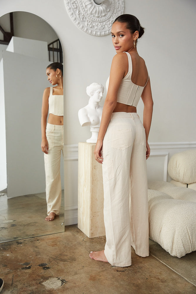 beige linen cargo pant
