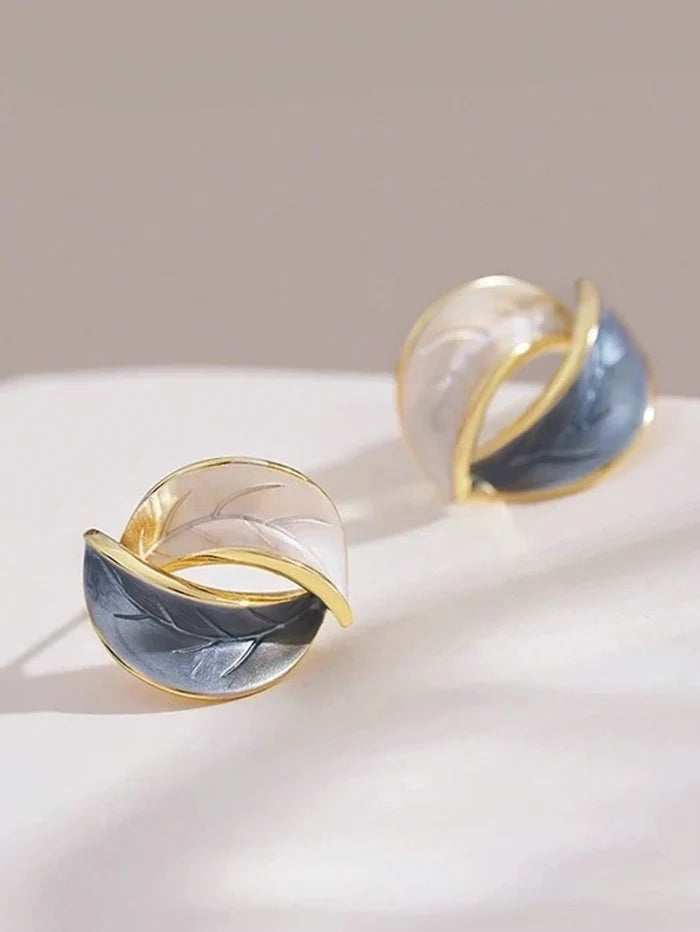 Two Tone Leaf Stud Earrings – Gold Rim Round Statement Earrings for Women