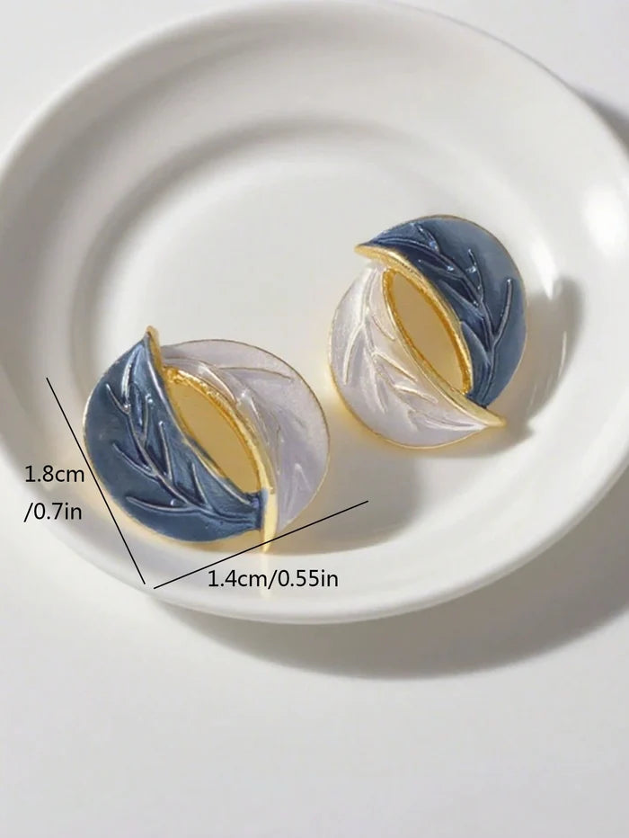 Two Tone Leaf Stud Earrings – Gold Rim Round Statement Earrings for Women
