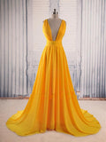 Unique V Neck Yellow Prom Dress with Sweep Train, Yellow Formal Dress, Party Dress