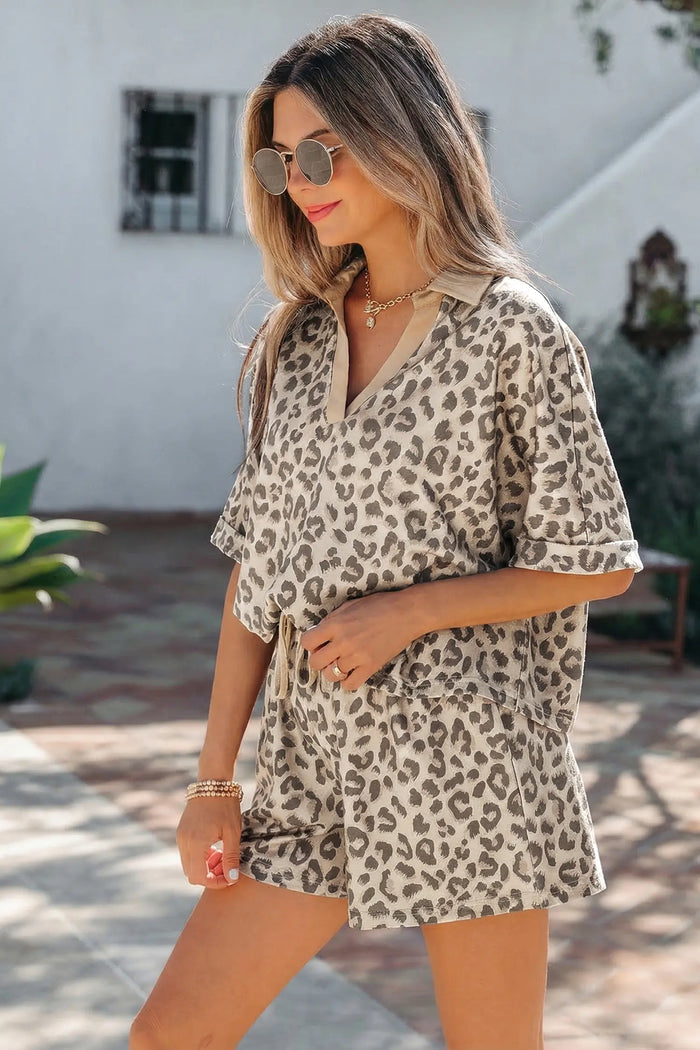 V Neck Collar Leopard Printed 2pcs Short Set – Khaki