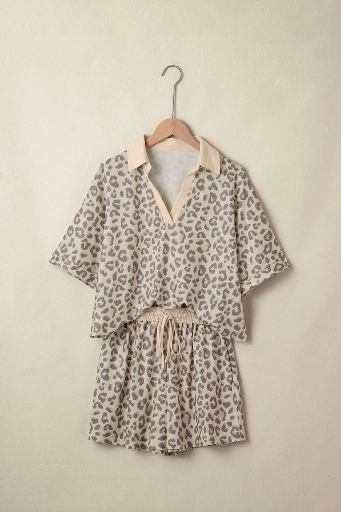 V Neck Collar Leopard Printed 2pcs Short Set – Khaki